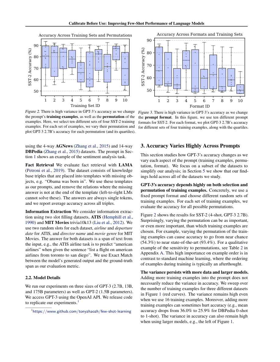 Figura del paper comparando la accuracy de GPT-3 en few-shot con y sin calibración según el número de ejemplos de entrenamiento, mostrando la mejora consistente que aporta la técnica de normalización propuesta.