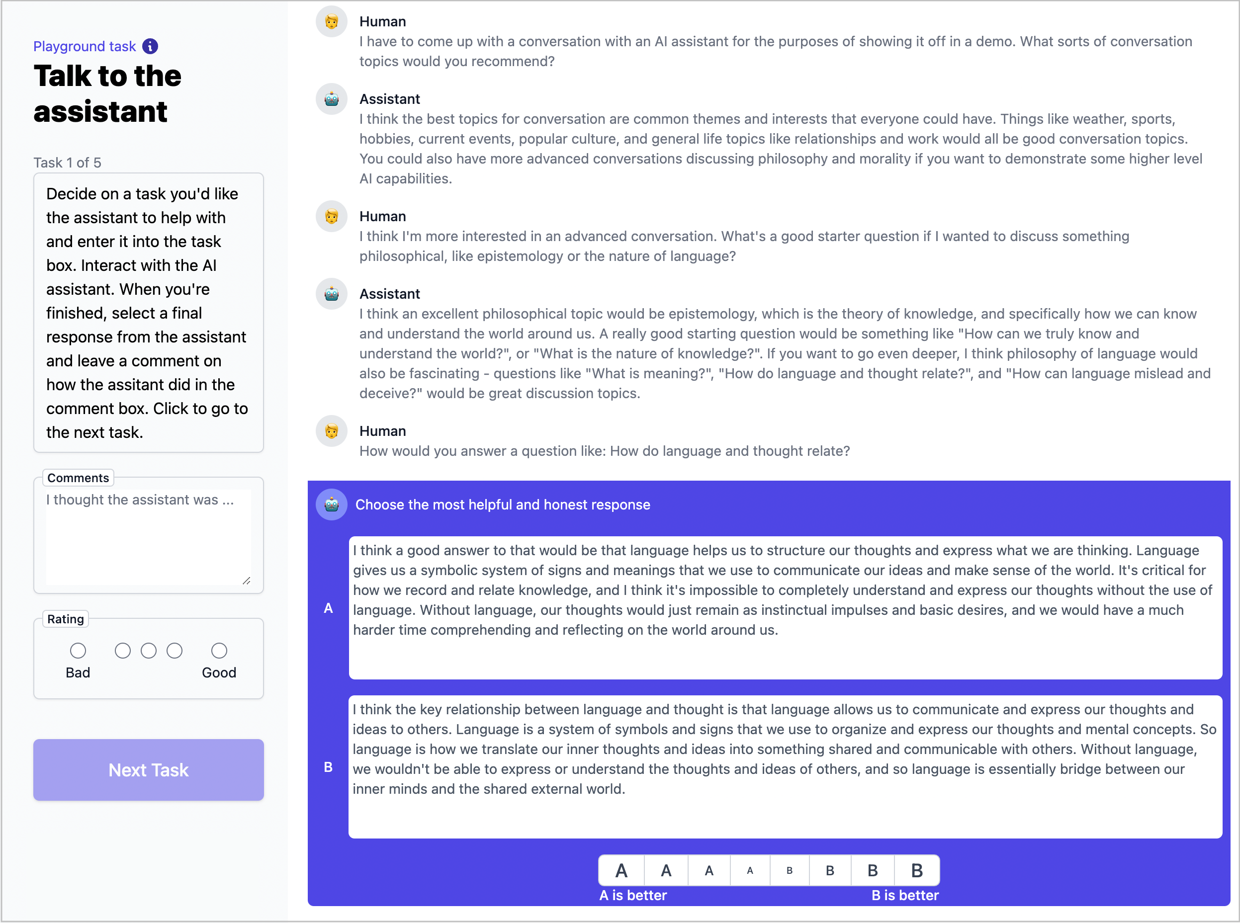 Interfaz de la tarea de anotación humana utilizada en el pipeline RLHF de Anthropic, donde los anotadores comparan respuestas del asistente y seleccionan la más útil y segura para entrenar el reward model.