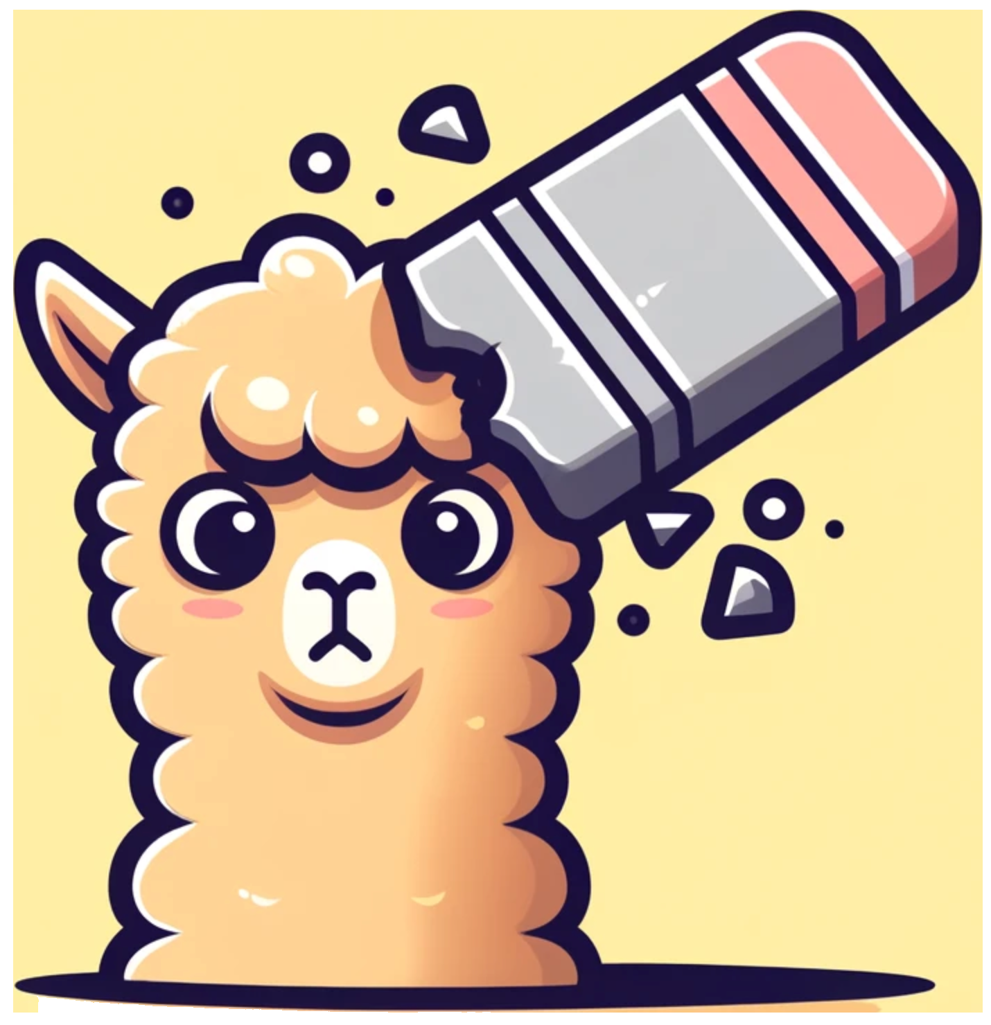 Imagen representativa del benchmark RWKU, mostrando una llama (alusión a LLaMA) con una goma de borrar sobre la cabeza, simbolizando el proceso de desaprendizaje de conocimiento en modelos de lenguaje.